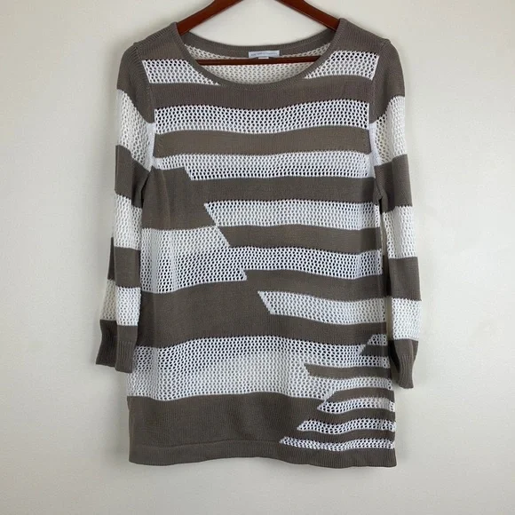 New York and Company Woman’s Large Open Weave Sweater Brown and White Crewneck - Picture 1 of 6